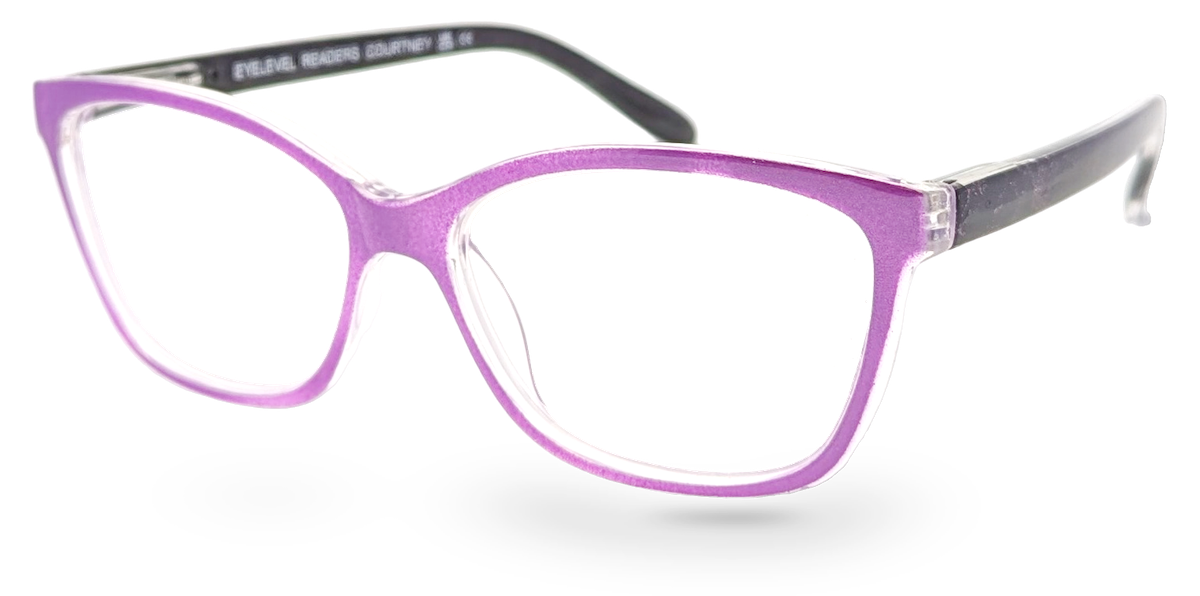 Eyelevel-UK Courtney reading glasses with a purple and grey softly squared plastic frame and clear magnifying lenses.