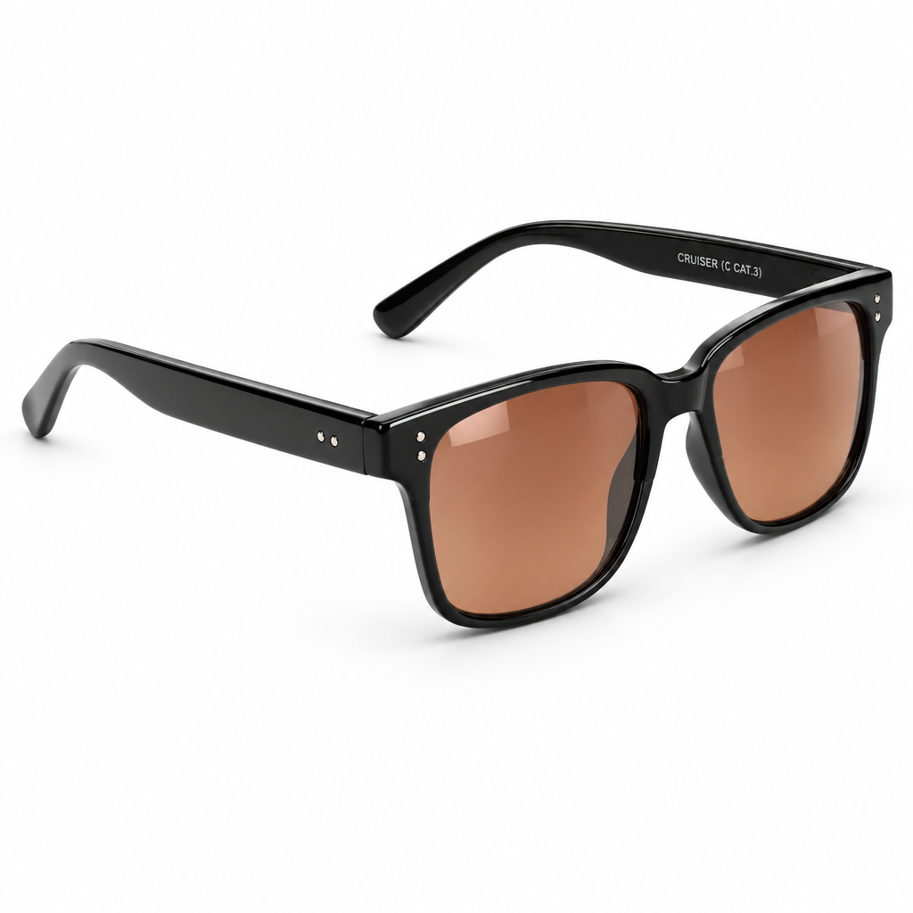 Eyelevel-UK Cruiser driving sunglasses with black frames and high density brown lenses for improved road contrast.