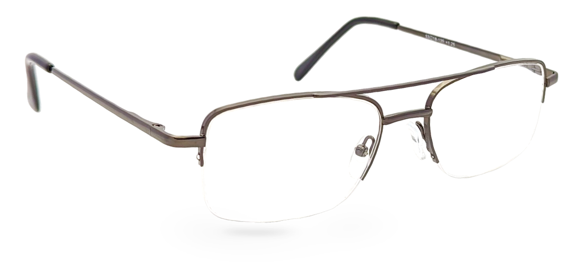 Eyelevel-UK Cuba reading glasses featuring a grey metal semi-rimless rectangular frame with clear magnifying lenses.