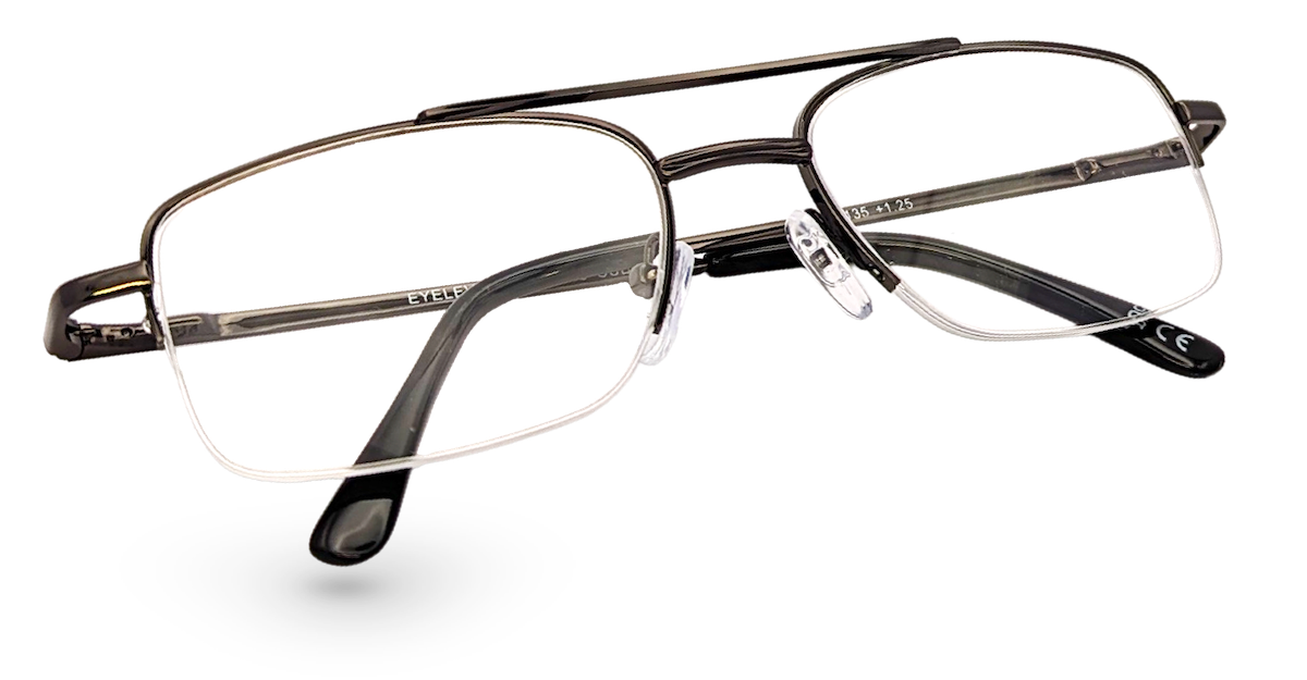 Eyelevel-UK Cuba reading glasses with a grey metal semi-rimless rectangular frame and clear magnifying lenses.
