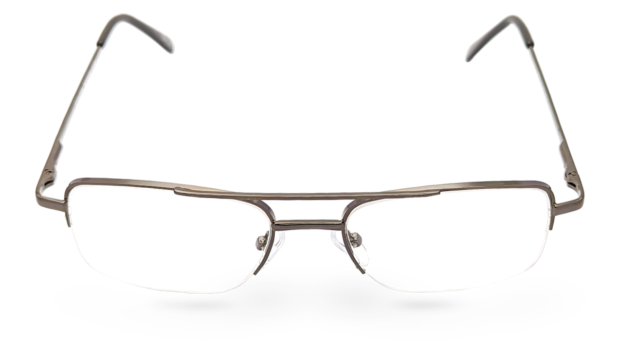 Eyelevel-UK Cuba semi-rimless reading glasses with a grey rectangular metal frame and clear magnifying lenses.