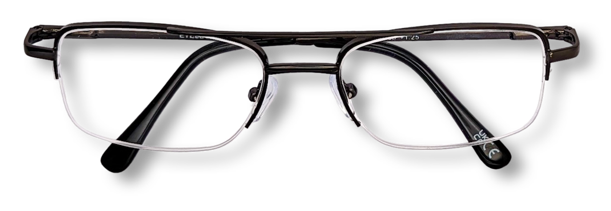 Eyelevel-UK Cuba reading glasses featuring a grey metal semi-rimless rectangular frame with clear magnifying lenses.