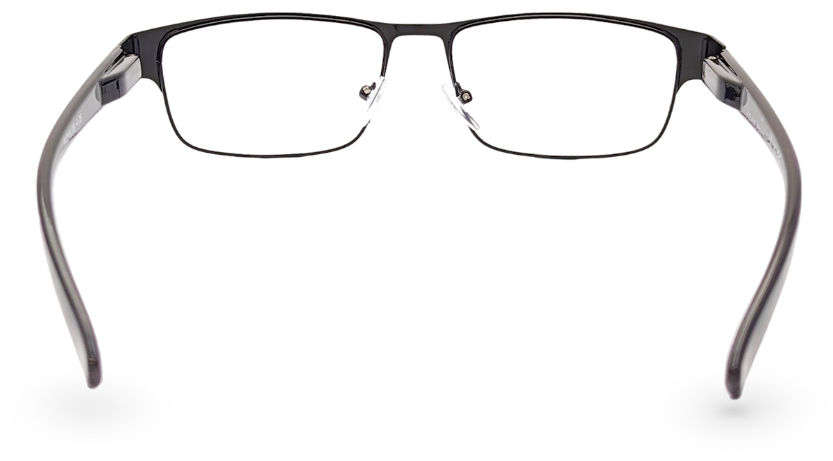 Eyelevel-UK Daniel reading glasses with a black square plastic frame and clear magnifying lenses, rear view.