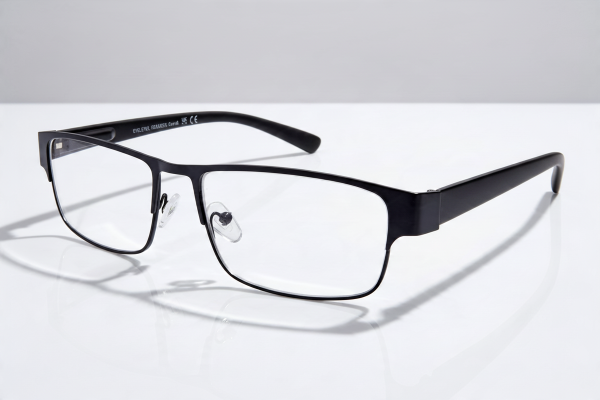 Eyelevel-UK Daniel reading glasses with a black square frame and clear magnifying lenses on a white surface