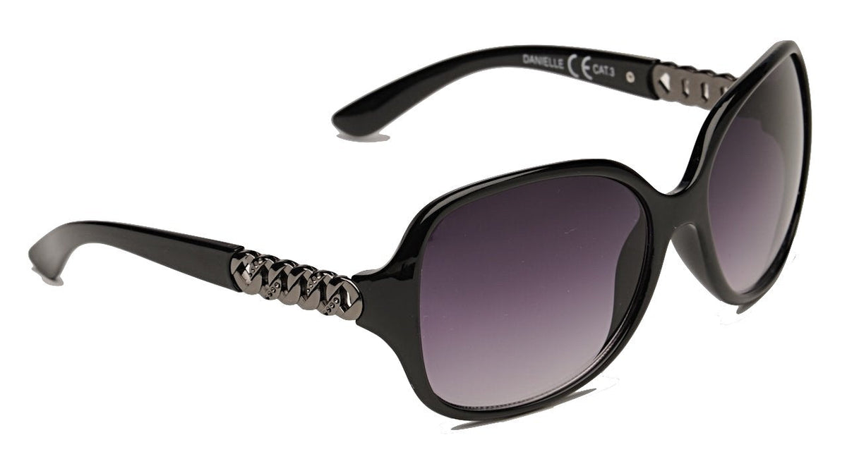 Eyelevel-UK Danielle oversized black fashion sunglasses with grey gradient lenses and decorative chain-link arms