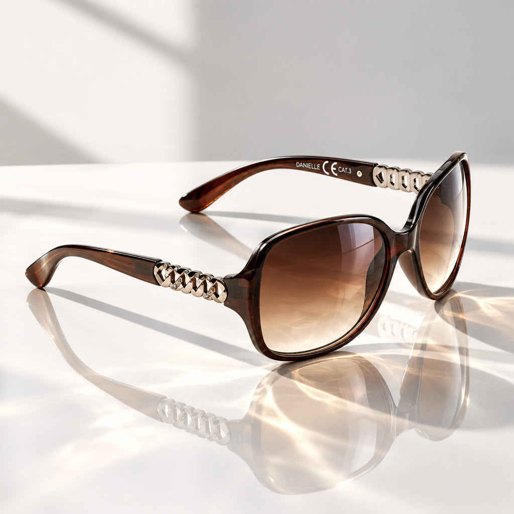 Eyelevel-UK Danielle oversized brown fashion sunglasses with gradient lenses and decorative chain-link temple detail