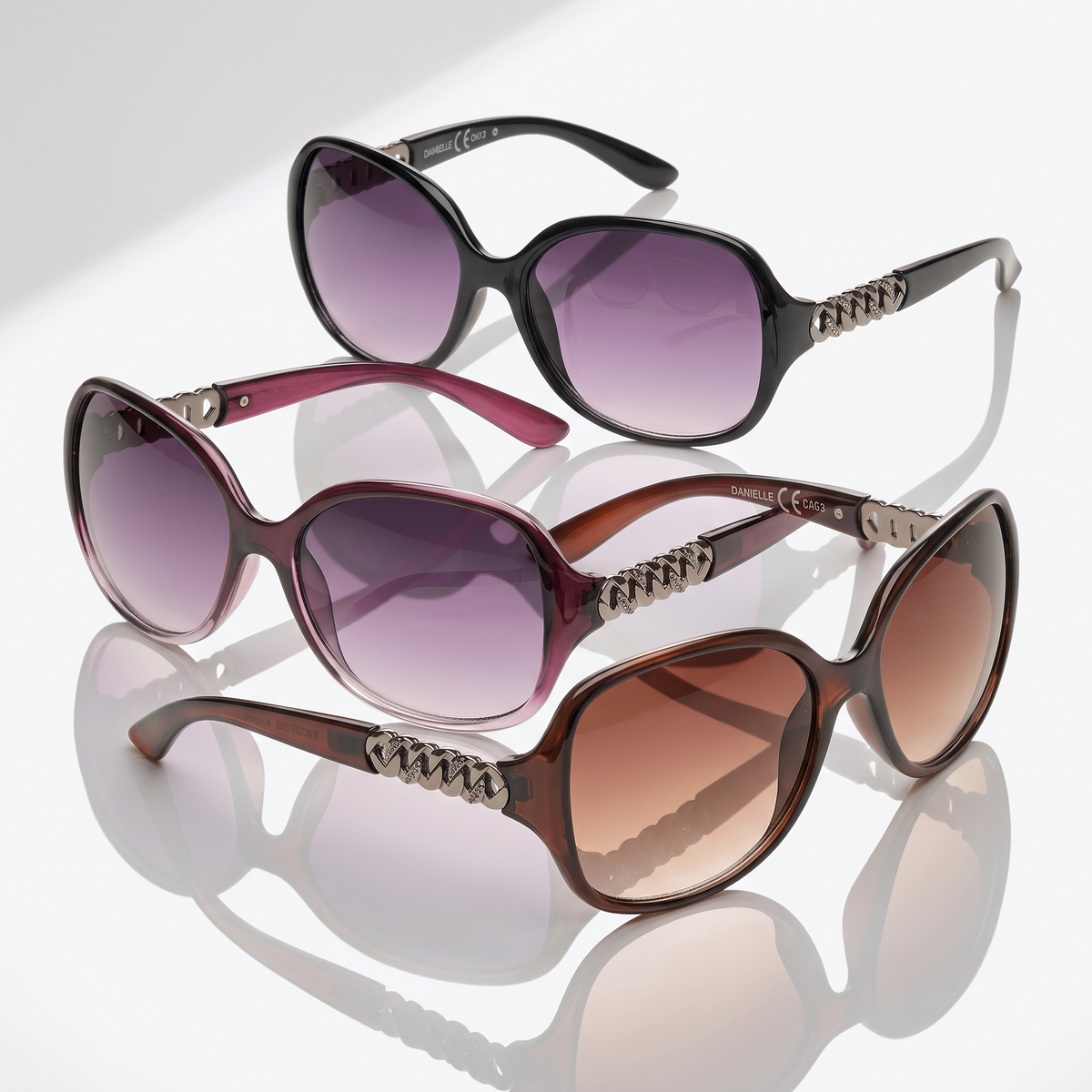 Eyelevel-UK Danielle oversized ladies fashion sunglasses in black, purple, and brown with gradient lenses