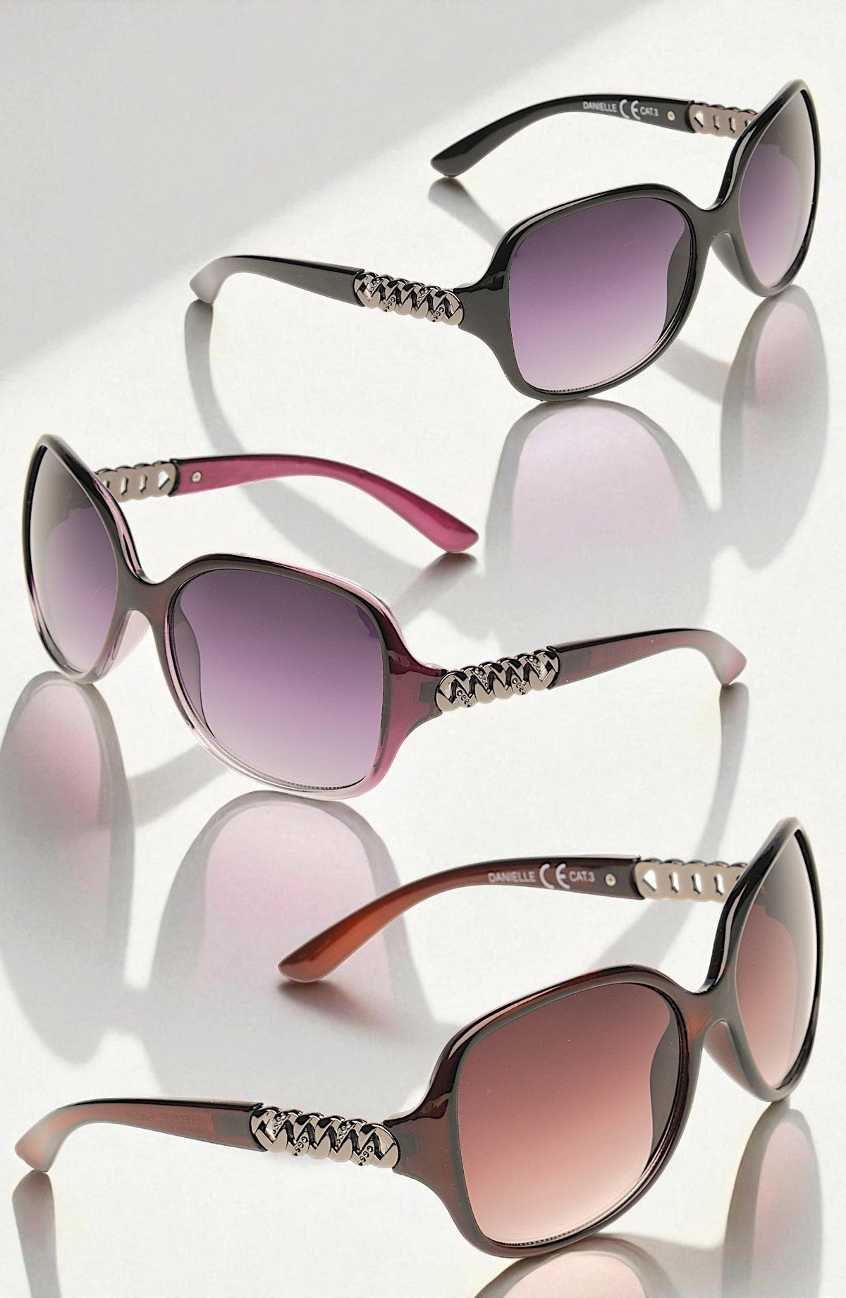 Eyelevel-UK Danielle oversized fashion sunglasses in purple, brown, and black with gradient lenses and decorative arms