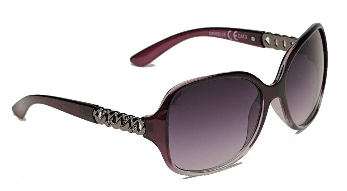 Eyelevel-UK Danielle oversized purple and gunmetal fashion sunglasses with grey gradient lenses and chain detail arms