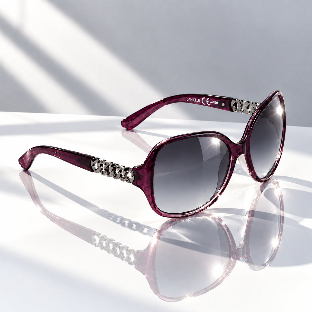 Eyelevel-UK Danielle oversized purple fashion sunglasses with grey gradient lenses and decorative chain-link arms.