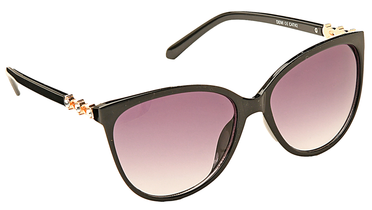 Eyelevel-UK Demi square ladies sunglasses in black and gold with grey gradient lenses and decorative stone detail
