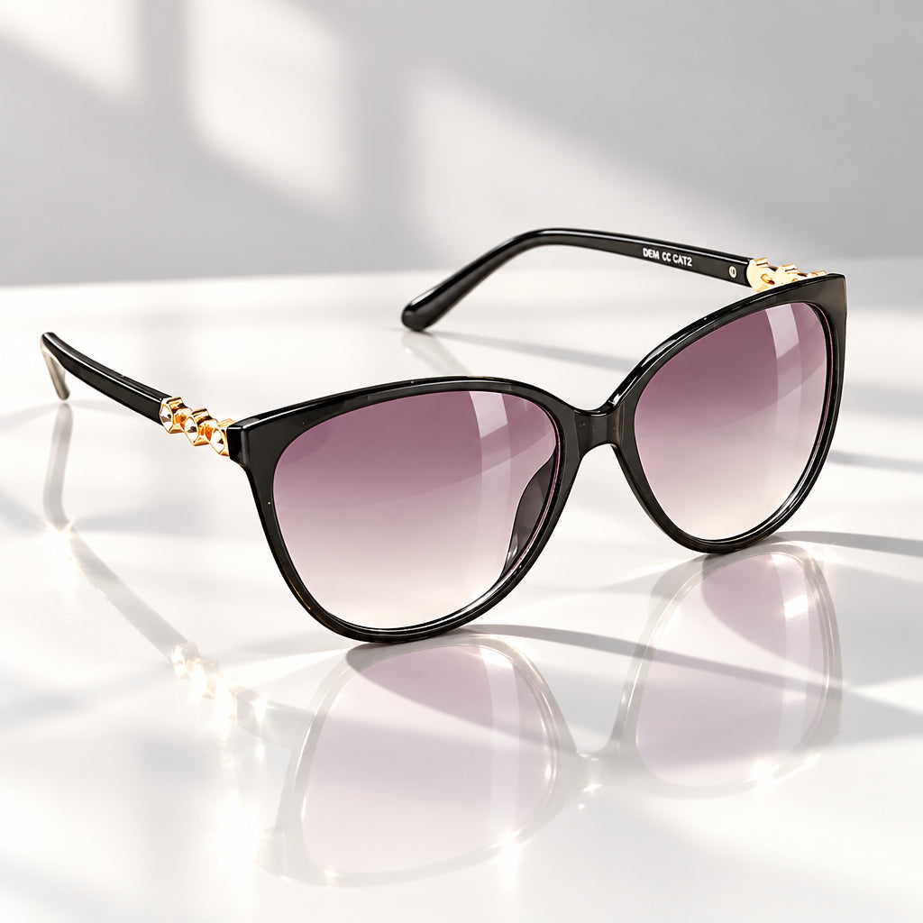 Eyelevel-UK Demi square ladies sunglasses in black and gold with grey gradient lenses and decorative stone detail.
