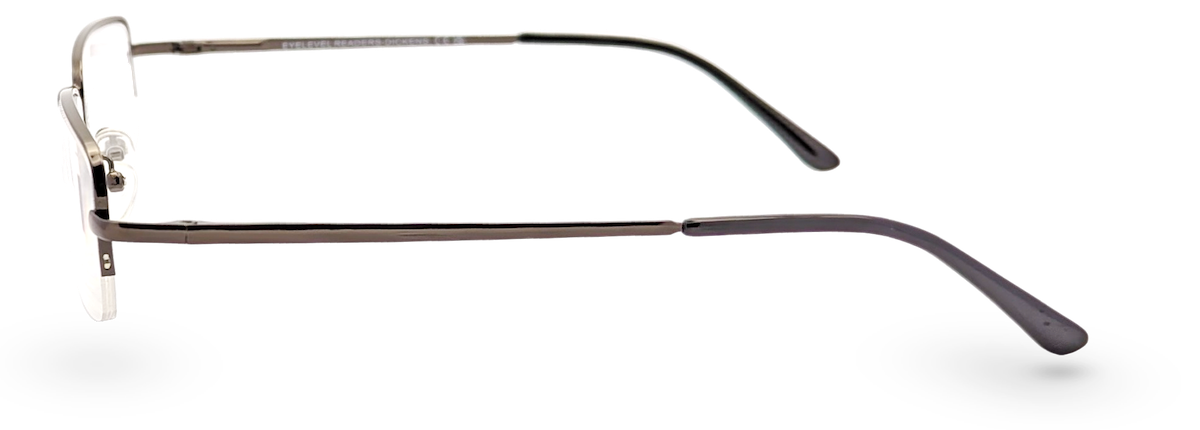Side view of Eyelevel-UK Dickens reading glasses featuring a pink semi-rimless rectangular frame and slim metal arms.