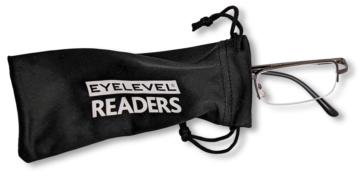 Eyelevel-UK Dickens reading glasses with pink rectangular frames inside a black branded drawstring storage pouch