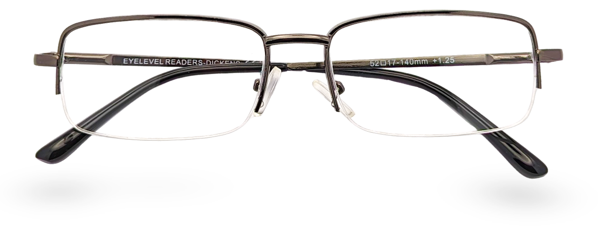 Eyelevel-UK Dickens rectangular semi-rimless reading glasses with dark metallic frames and clear magnifying lenses