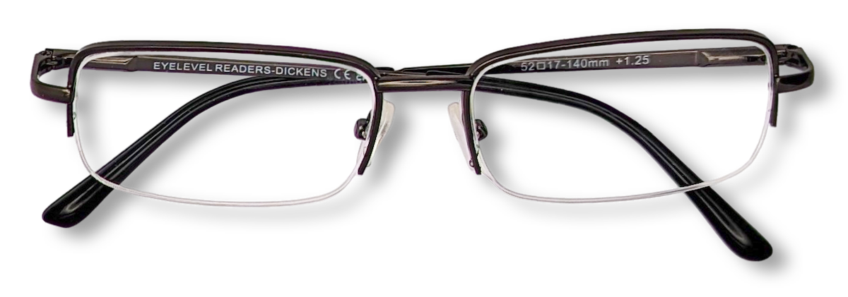 Eyelevel-UK Dickens semi-rimless rectangular reading glasses with a dark frame and clear magnifying lenses.