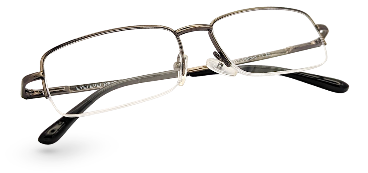 Eyelevel-UK Dickens semi-rimless rectangular reading glasses with a dark metal frame and clear magnifying lenses.