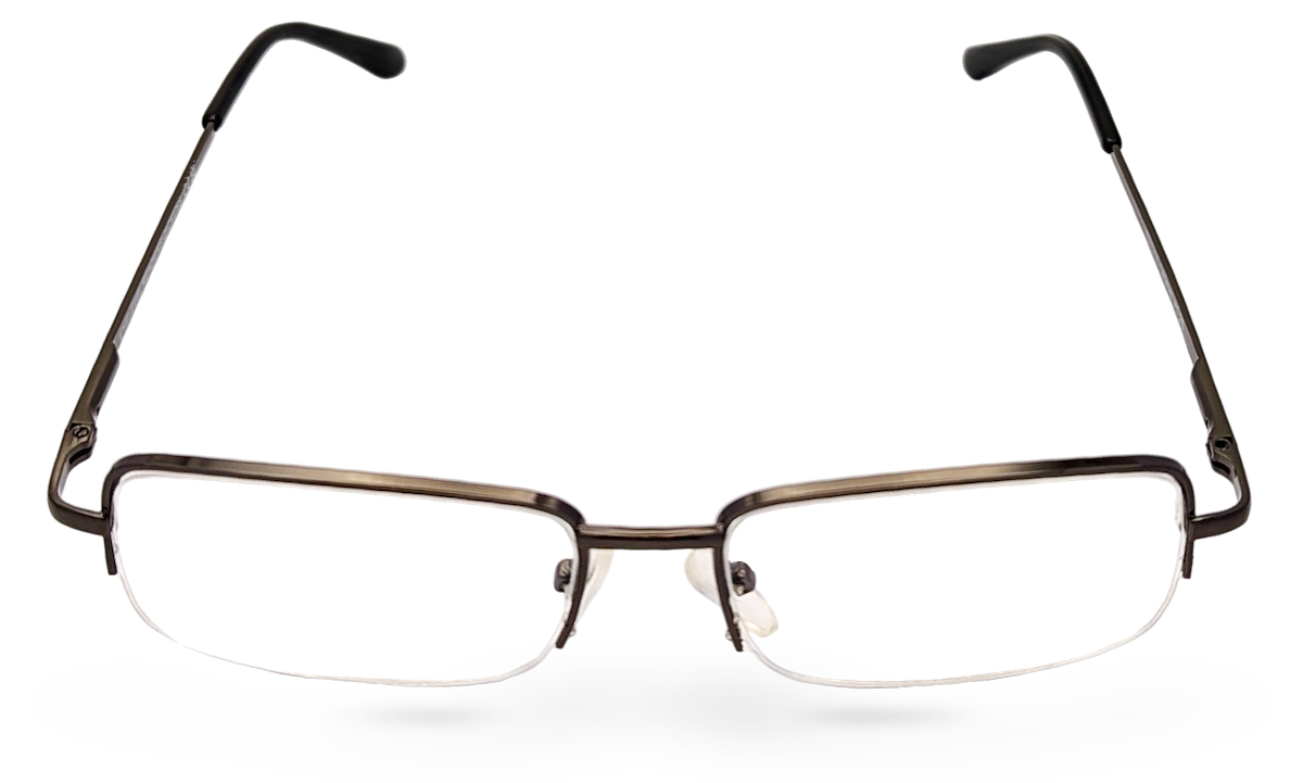 Eyelevel-UK Dickens semi-rimless rectangular reading glasses with a dark metallic frame and clear magnifying lenses.