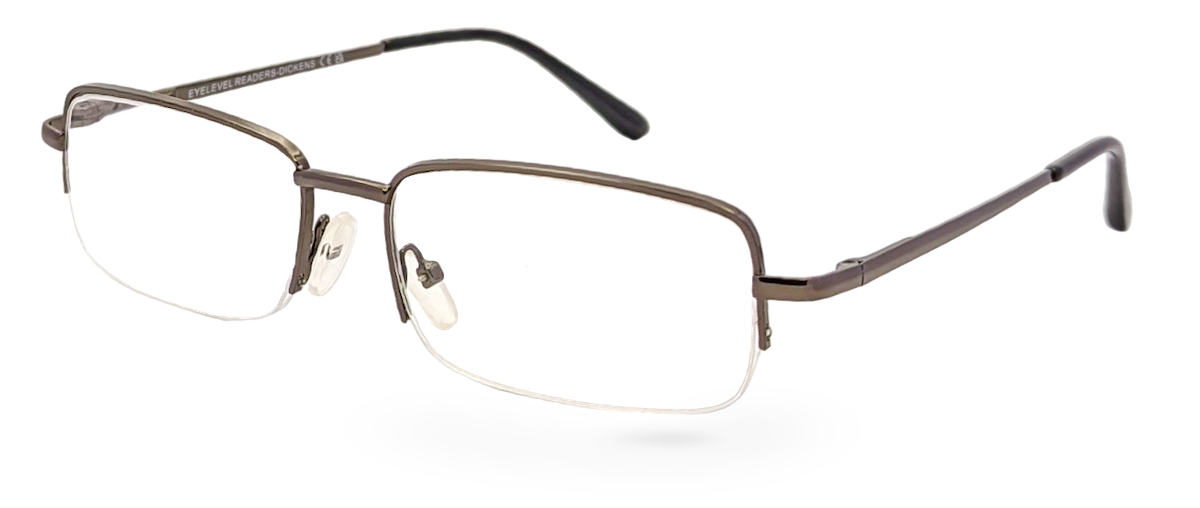 Eyelevel-UK Dickens semi-rimless rectangular reading glasses with a dark metallic frame and clear magnifying lenses.