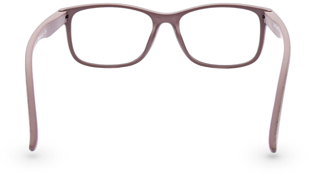 Eyelevel-UK Dublin reading glasses with a brown wood-effect squared frame and clear lenses, back view.
