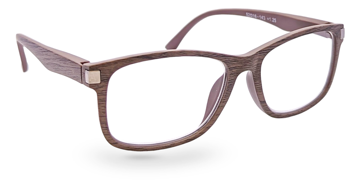 Eyelevel-UK Dublin reading glasses with a brown wood-effect square frame and clear magnifying lenses.