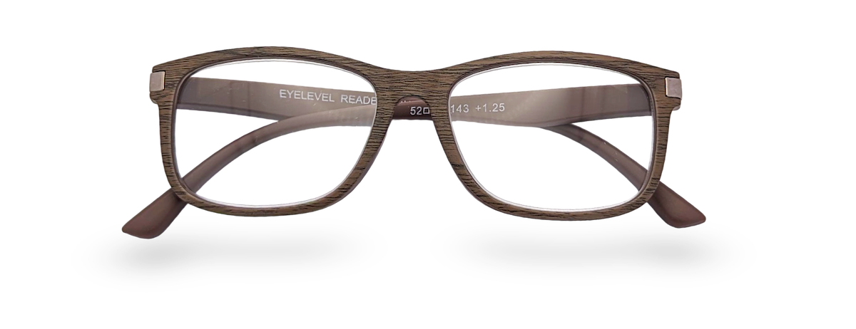 Eyelevel-UK Dublin reading glasses with a brown wood-effect squared frame and clear magnifying lenses