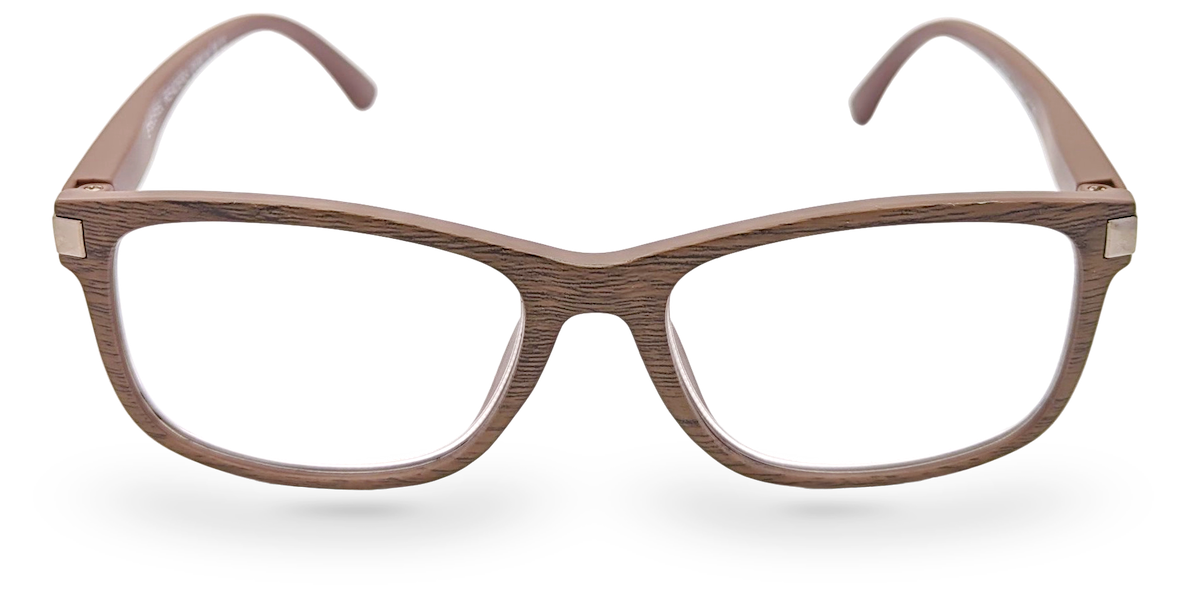 Eyelevel-UK Dublin reading glasses with a brown wood-effect squared frame and clear magnifying lenses