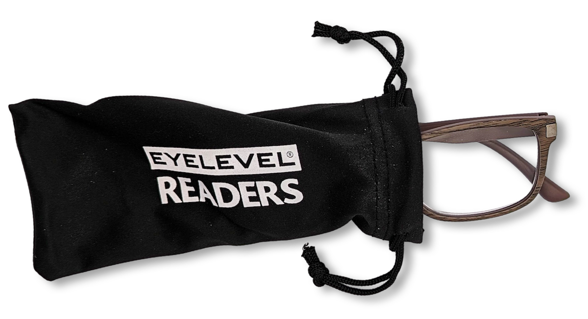 Eyelevel-UK Dublin reading glasses with brown wood-effect squared frames inside a black drawstring storage pouch