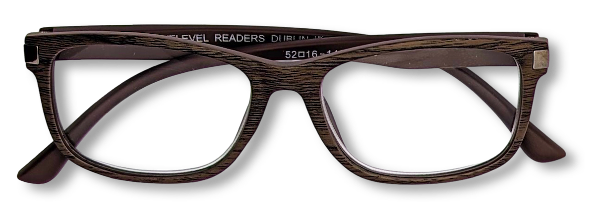 Eyelevel-UK Dublin reading glasses with a brown wood-effect rectangular frame and clear magnifying lenses.
