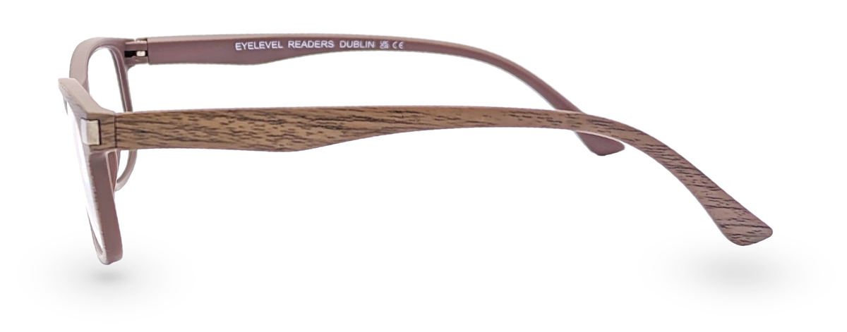 Eyelevel-UK Dublin reading glasses with a brown wood-effect rectangular frame, side profile view.