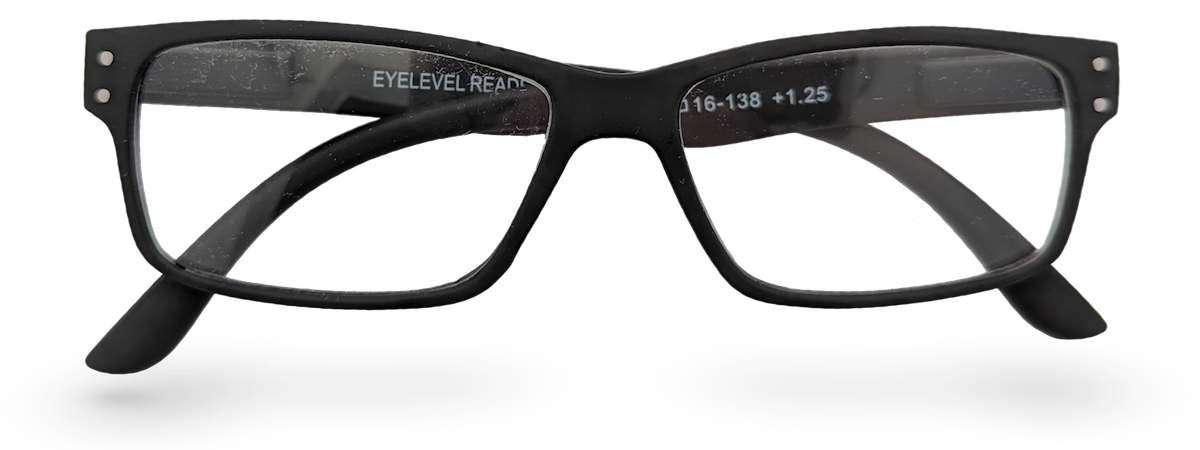 Eyelevel-UK Duke reading glasses with a black rectangular plastic frame and clear magnifying lenses