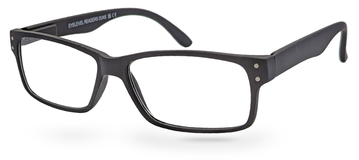 Eyelevel-UK Duke reading glasses with a classic black rectangular plastic frame and clear magnifying lenses