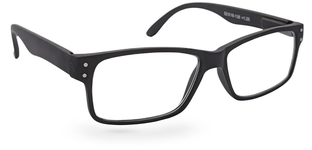 Eyelevel-UK Duke reading glasses with a black rectangular plastic frame and clear magnifying lenses.