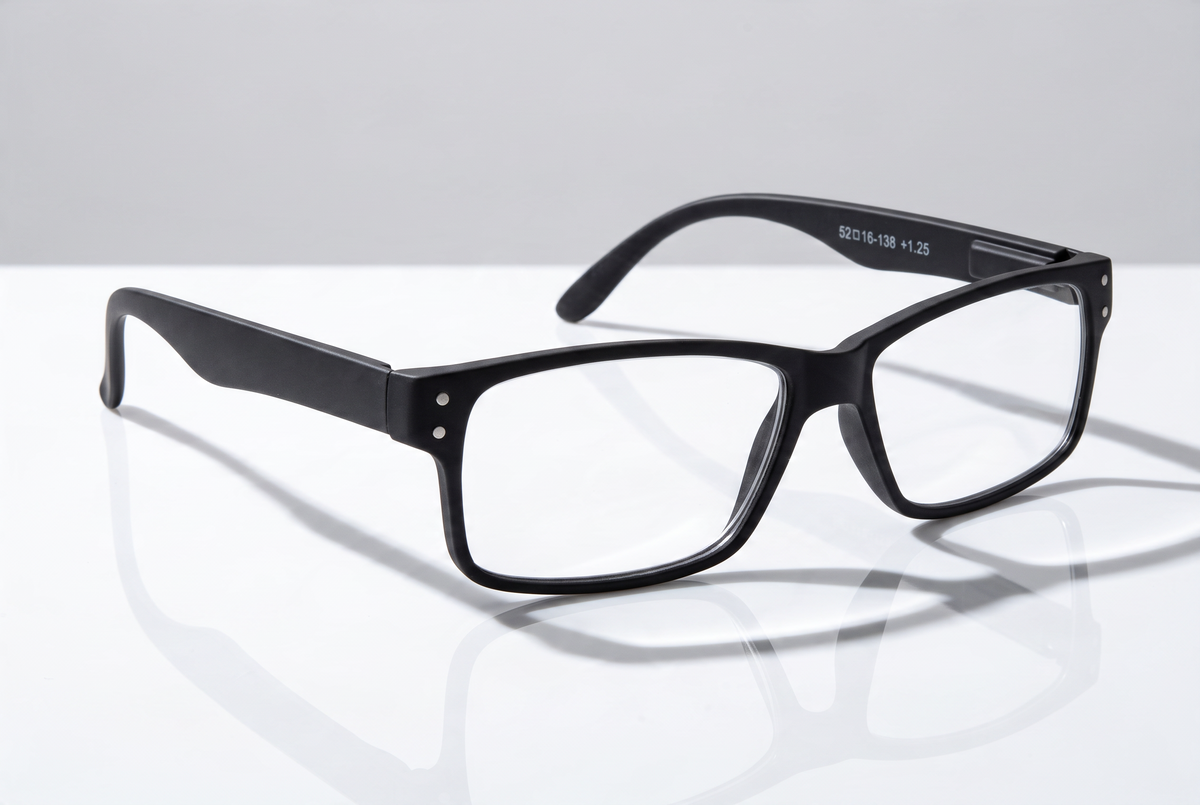 Eyelevel-UK Duke reading glasses with a classic black rectangular plastic frame and clear magnifying lenses.