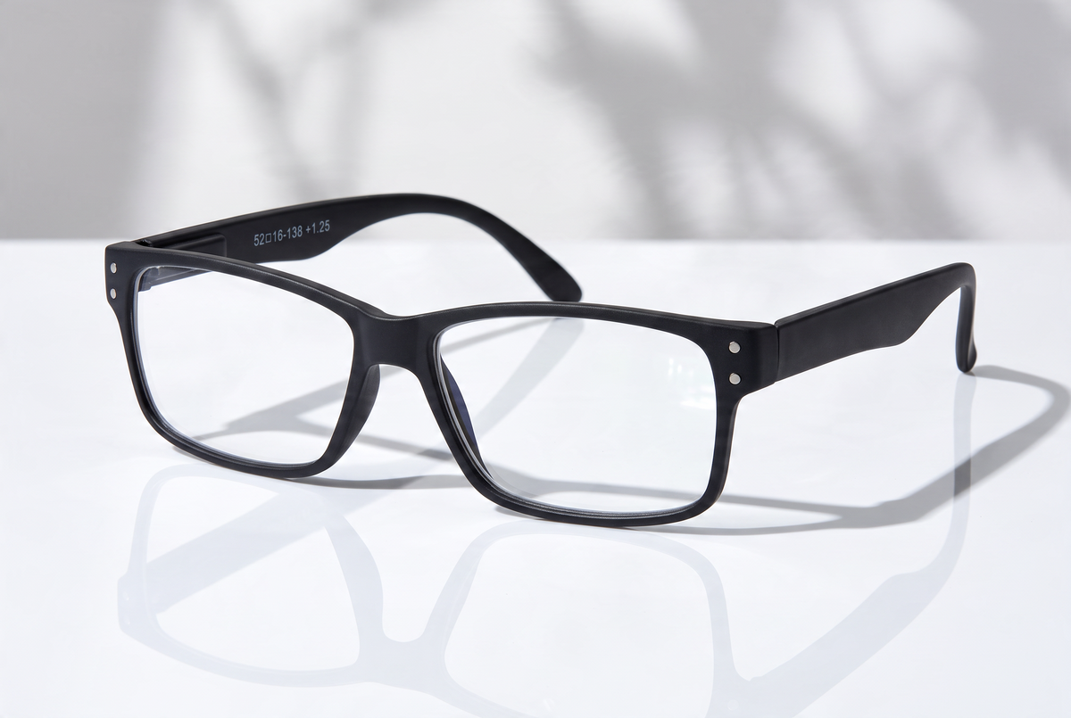 Eyelevel-UK Duke reading glasses with a black rectangular plastic frame and clear magnifying lenses on a white surface.
