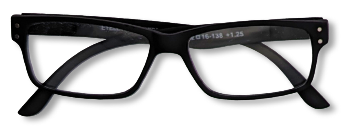 Eyelevel-UK Duke reading glasses with a black rectangular plastic frame and clear magnifying lenses.