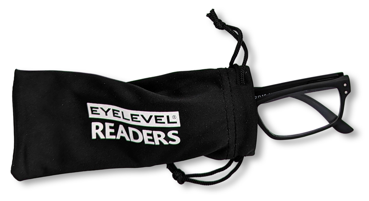 Eyelevel-UK Duke reading glasses with black rectangular frames inside a branded black drawstring storage pouch