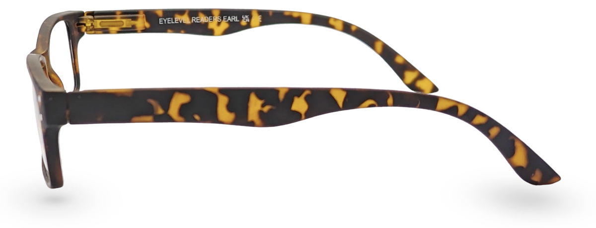 Eyelevel-UK Earl reading glasses with a brown tortoiseshell rectangular plastic frame, side profile view.