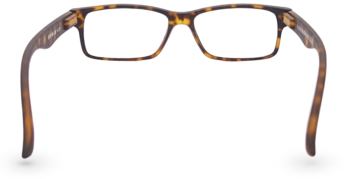 Eyelevel-UK Earl reading glasses with a brown tortoiseshell rectangular plastic frame viewed from the back
