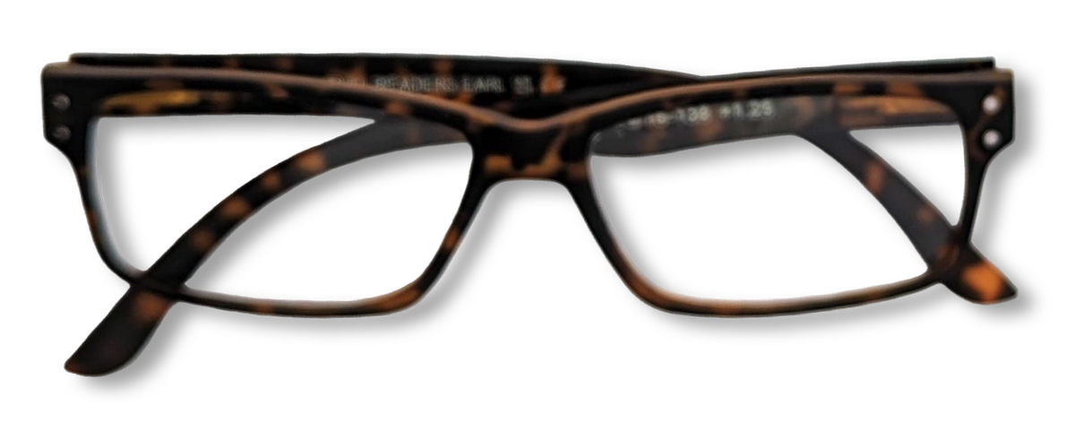Eyelevel-UK Earl reading glasses with a brown tortoiseshell rectangular plastic frame and clear magnifying lenses.