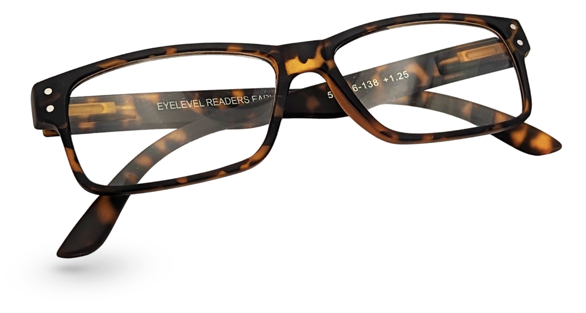 Eyelevel-UK Earl rectangular reading glasses with a brown tortoiseshell plastic frame and clear magnifying lenses.