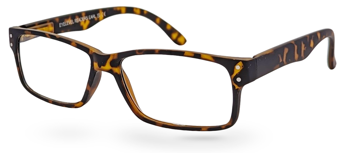 Eyelevel-UK Earl reading glasses with a brown tortoiseshell rectangular plastic frame and clear magnifying lenses.