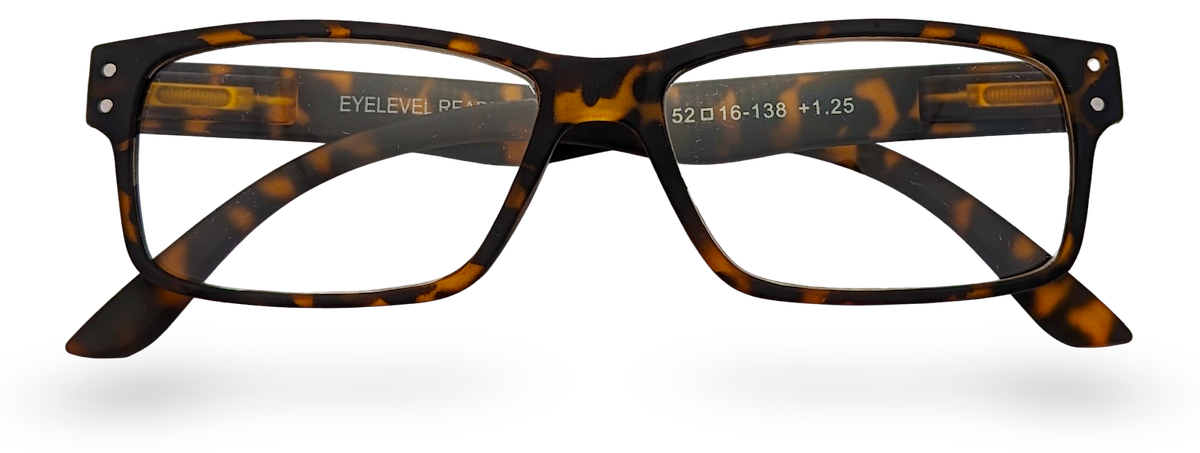 Eyelevel-UK Earl reading glasses with a brown tortoiseshell rectangular plastic frame and clear magnifying lenses.