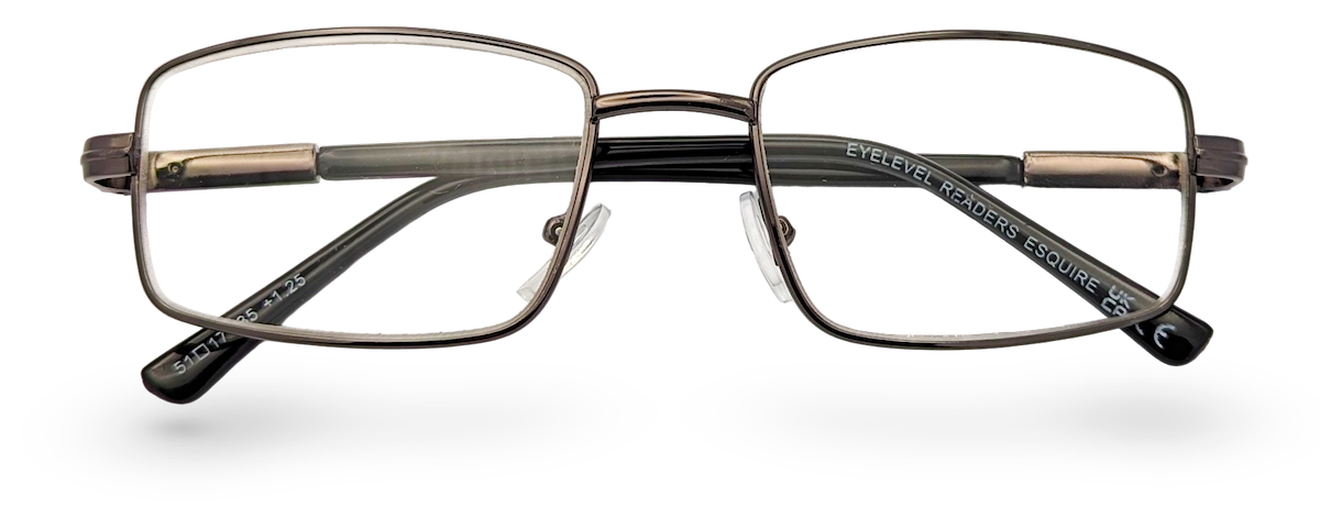 Eyelevel-UK Esquire reading glasses featuring a silver rectangular metal frame and clear magnifying lenses