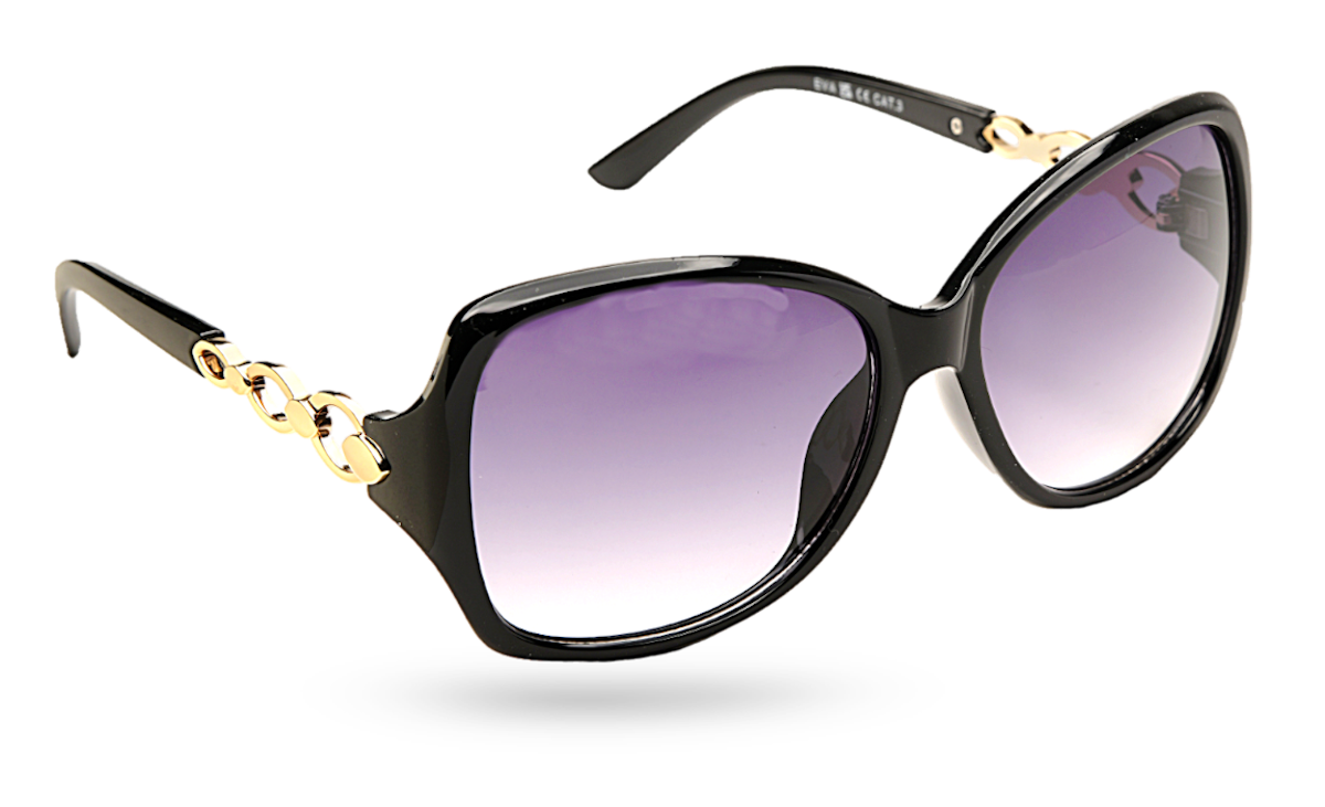 Eyelevel-UK Eva oversized ladies sunglasses with black frame, light gold chain detail, and grey gradient lenses.