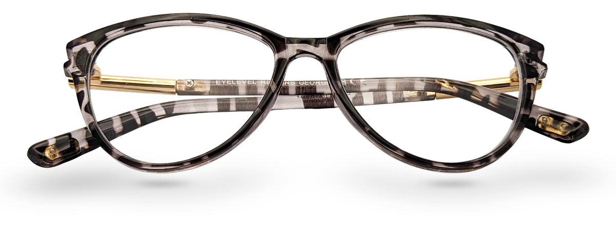 Eyelevel-UK Georgia reading glasses with a pink and black patterned squared frame and gold-tone temples