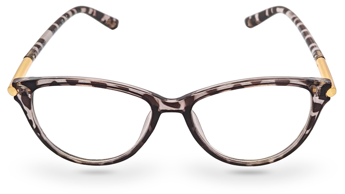 Eyelevel-UK Georgia reading glasses with a pink and black patterned squared frame and gold-tone temple accents.