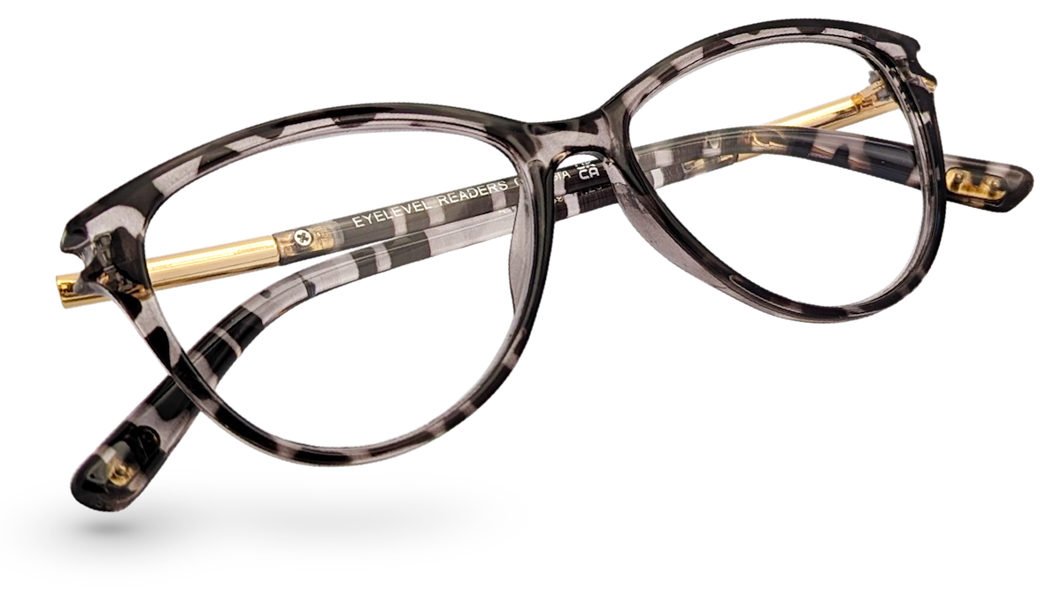 Eyelevel-UK Georgia reading glasses with a pink and black patterned squared frame and gold-tone metal temples.