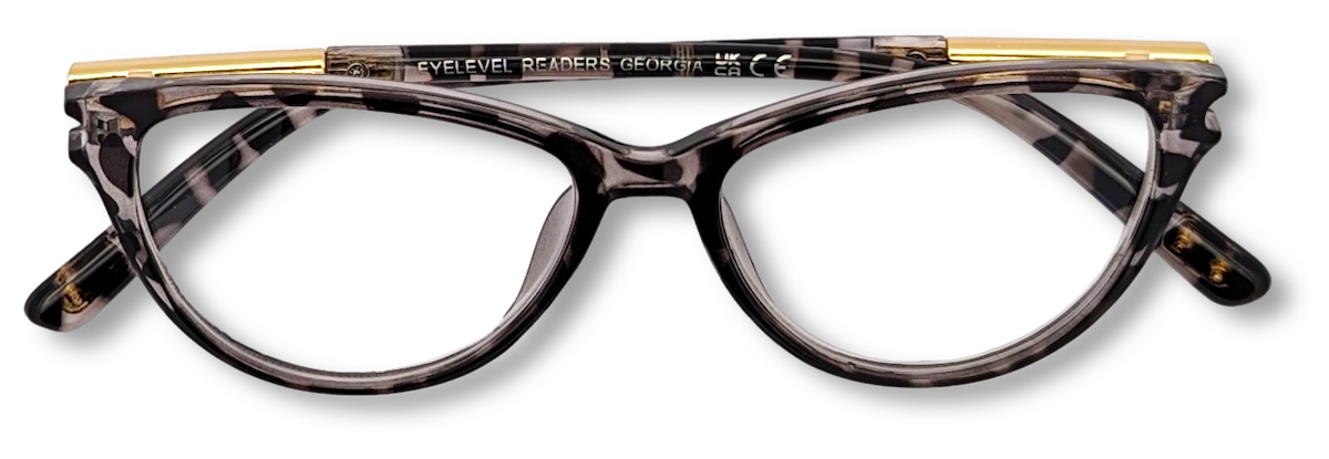 Eyelevel-UK Georgia reading glasses with a pink and black patterned plastic frame and gold-tone temple accents