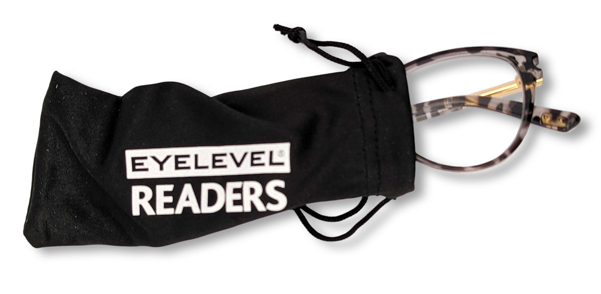 Eyelevel-UK Georgia reading glasses with pink and black squared frames peeking out of a black branded felt pouch.